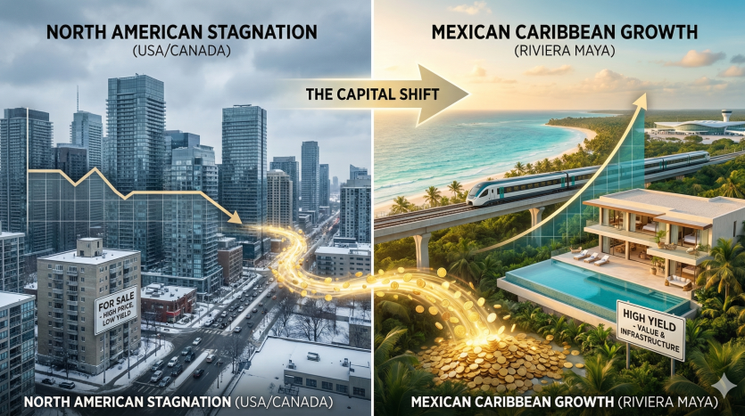 Real Estate Investment Mexico vs USA chart showing capital migration to Belle Ame Playa del Carmen due to high ROI and infrastructure growth