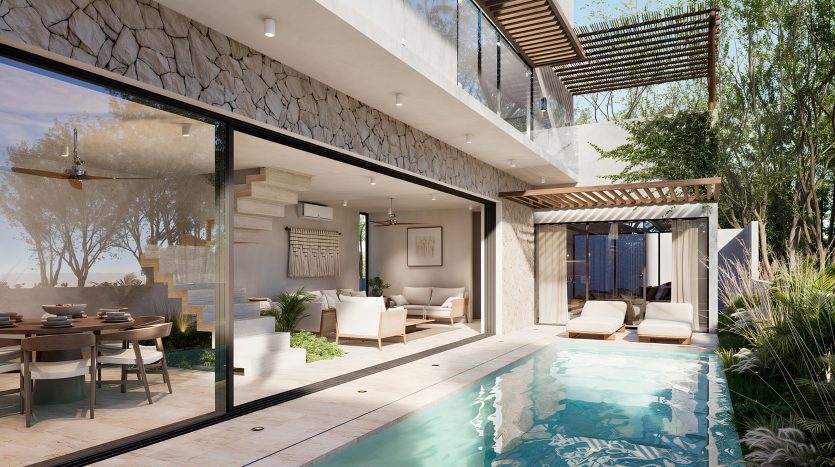 Private pool at Casa Ox, a luxury home for sale in Tulum, featuring indoor–outdoor living in El Mirador gated community