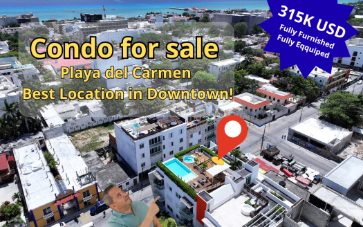 Condo for sale in Playa del Carmen downtown — Papaya Plus Unit 303, rooftop pool, ocean view, best location, $315,000 USD fully furnished