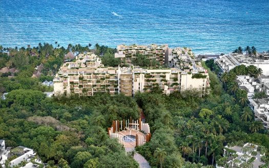 Viceroy Residences Playa del Carmen aerial view - branded luxury residences on Quinta Avenida between Calle 34 and Calle 38